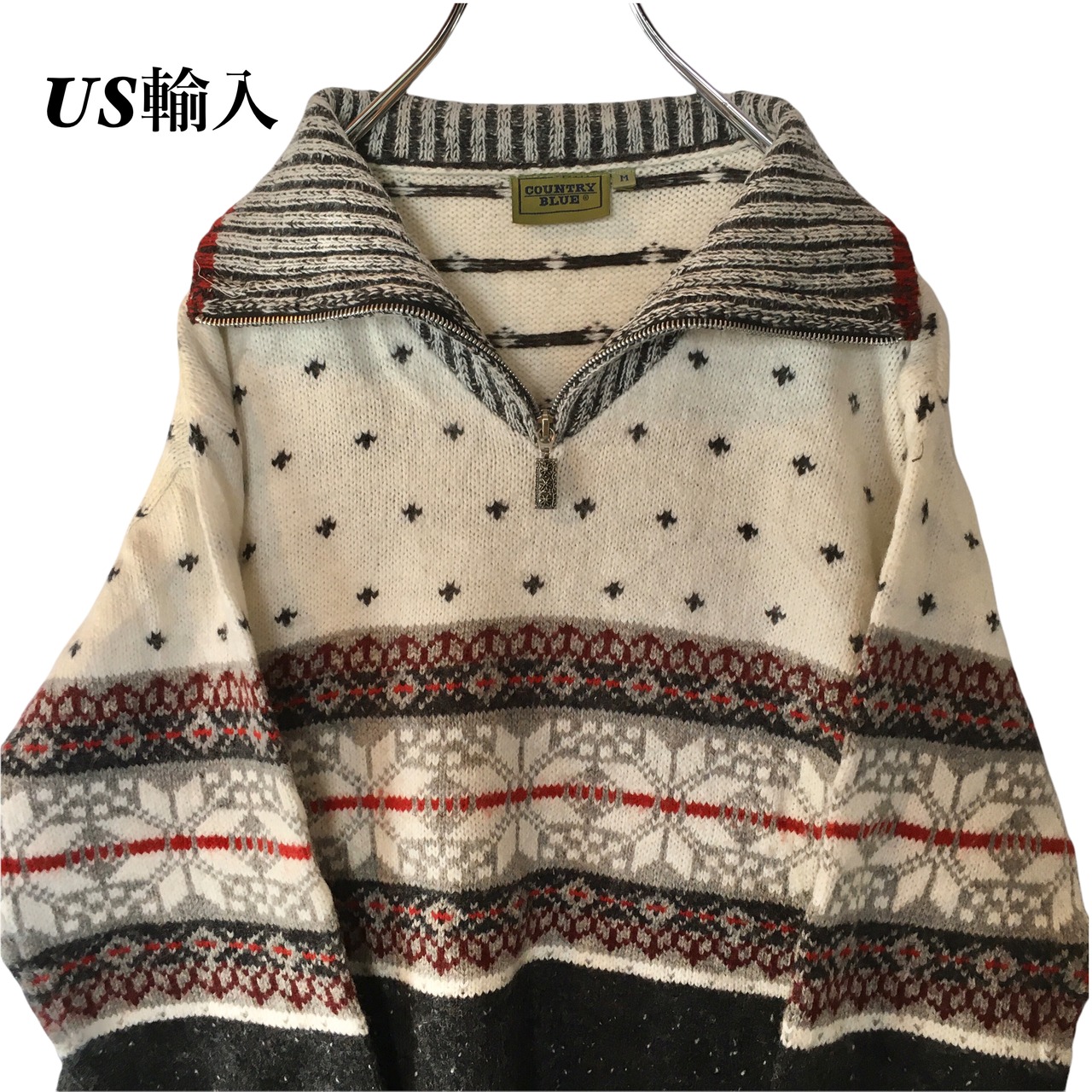 US輸入】カントリーブルー ハーフジップ ニット セーター 総柄 