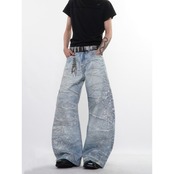 ストリート ウェーブラインストーン デニムパンツ P388