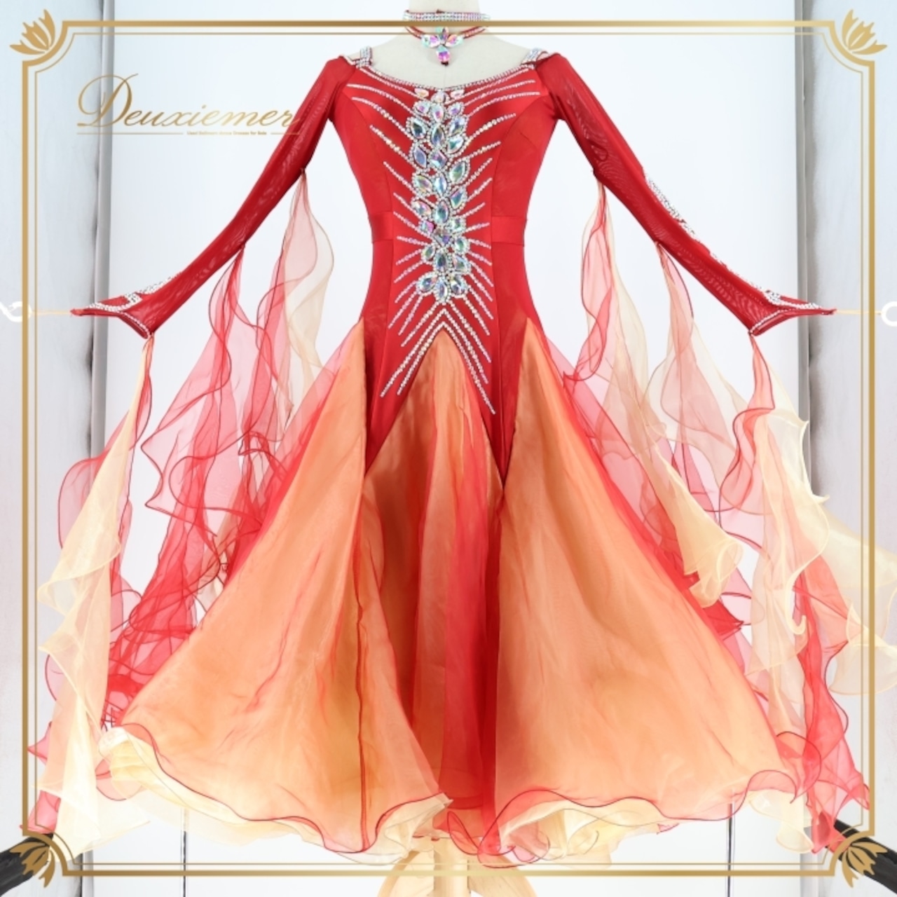 社交ダンス 衣装 スタンダードドレス ドレス スタンダード ワンピース ワイン フロート レース フリル デモ 競技 ダンス パーティ 発表会 forever フォーエバー レッド系 オレンジ系 高級感 上品 スカート4枚重ね シルエット 発表会用 おしゃれ モダン 社交用 フォーマル