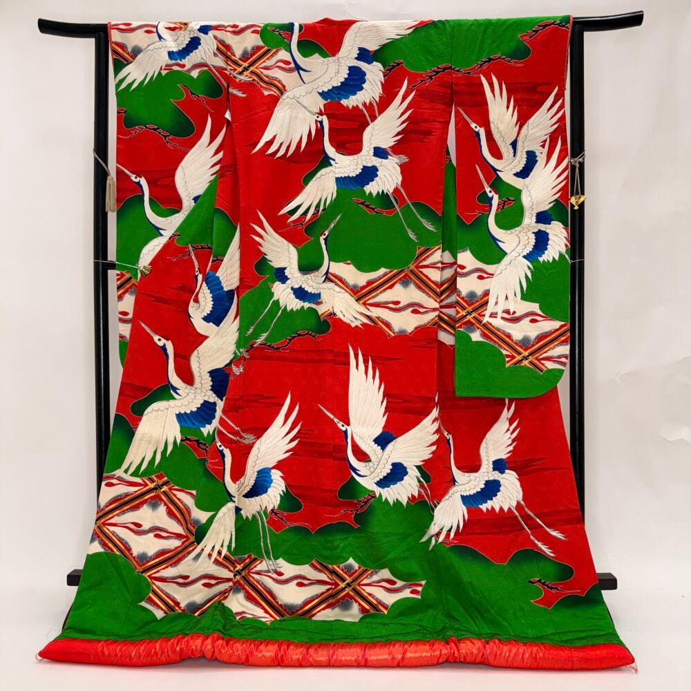 色打掛 正絹 鶴 刺繍 緑 赤 打掛 花嫁衣裳 ポリエステル リサイクル 中古 ブライダル ウエディング 着物 6649