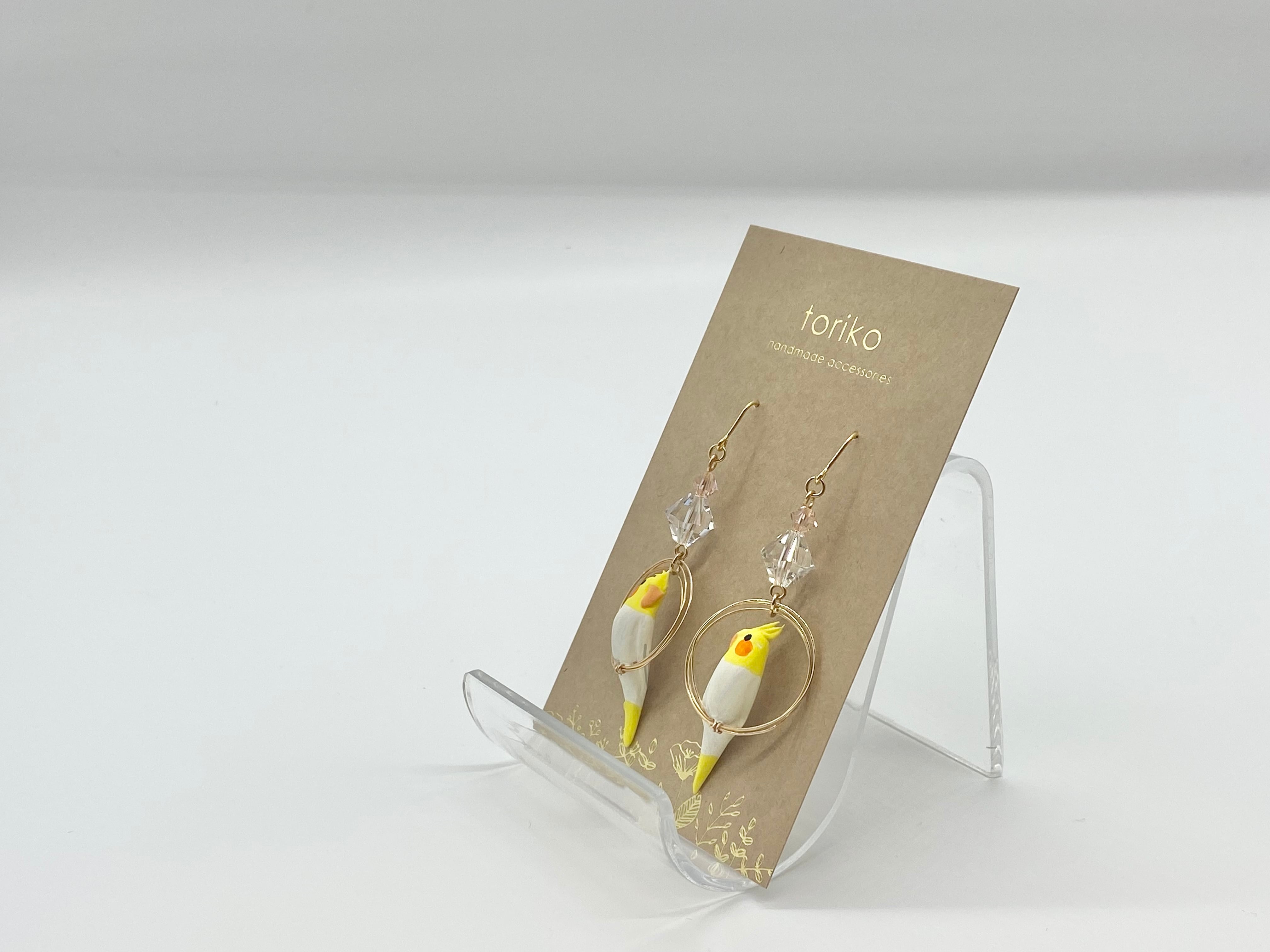 リング乗りオカメインコ（ルチノー）スワロフスキー付ピアス