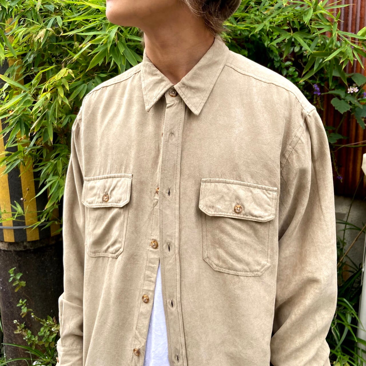 ADE ベージュ 長袖シャツ Lサイズ BASIC EDITIONS 長袖 フェイクスエードシャツ メンズL 古着 ベージュ