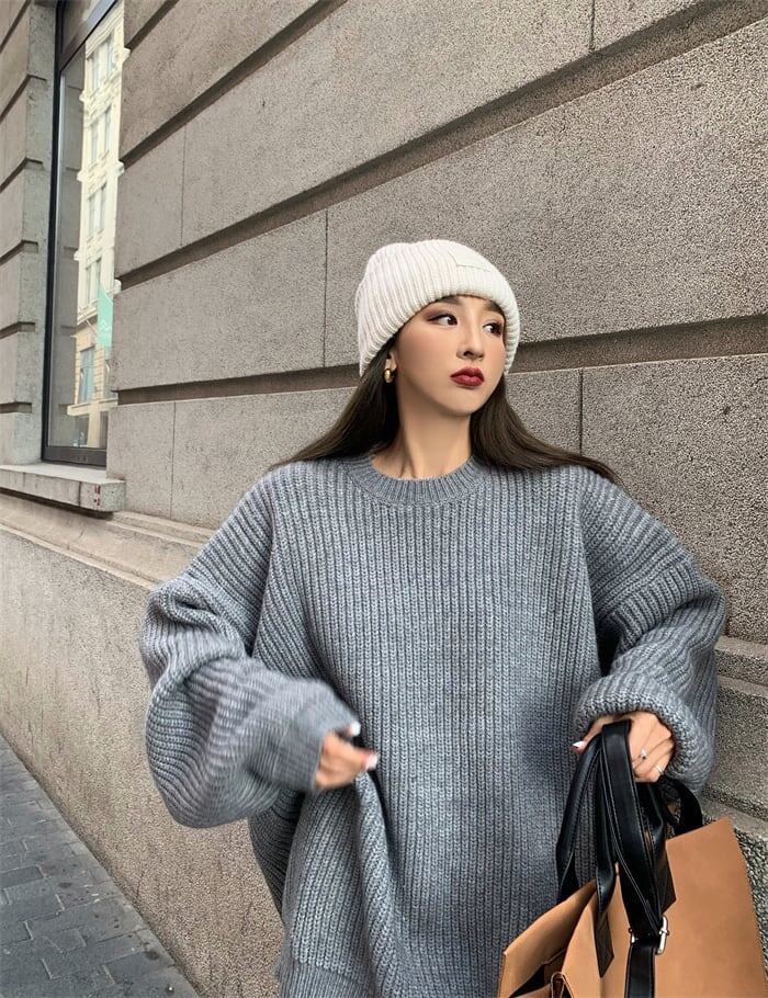 4色 トップス ニット l クルーネック オーバーサイズ ダボダボ ゆったり セーター 黒 ベージュ グレー 緑 ブラック グリーン 長袖 おしゃれ 送料無料】 4色 トップス ニット l クルーネック オーバーサイズ