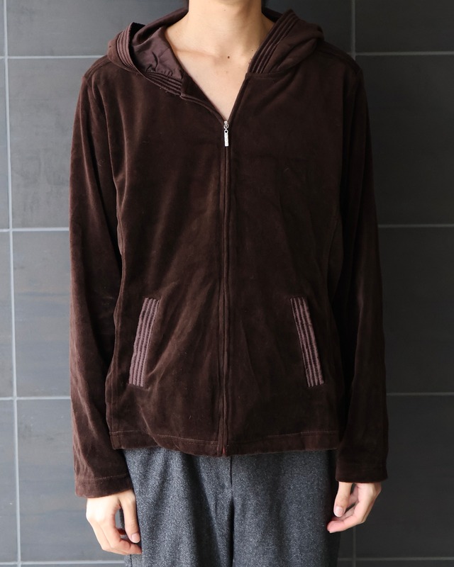 Hood detail velour zip hoodie