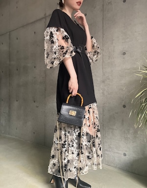 柄チュール切り替えワンピース