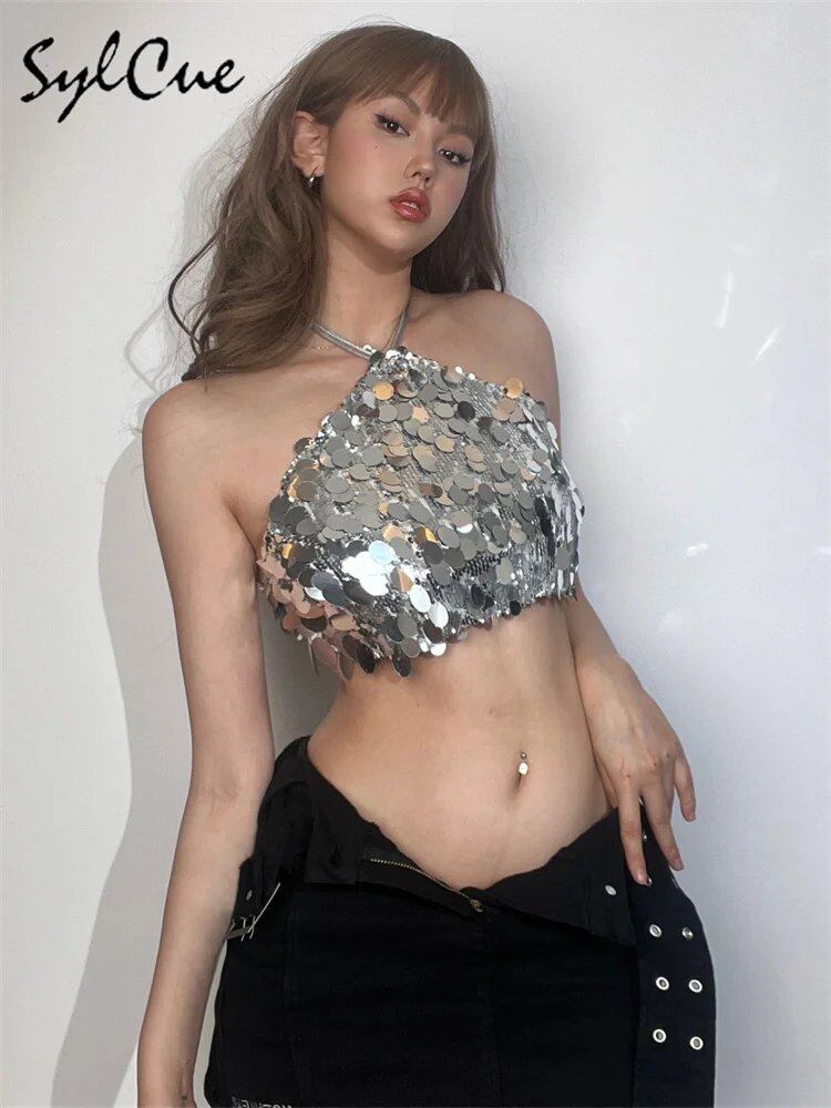 Sylcue 2023 シルバー スパンコール キラキラ マット トレンディ デザイン セクシー ホット アバンギャルド ハイストリート 個性派 レディース レースアップ ベスト