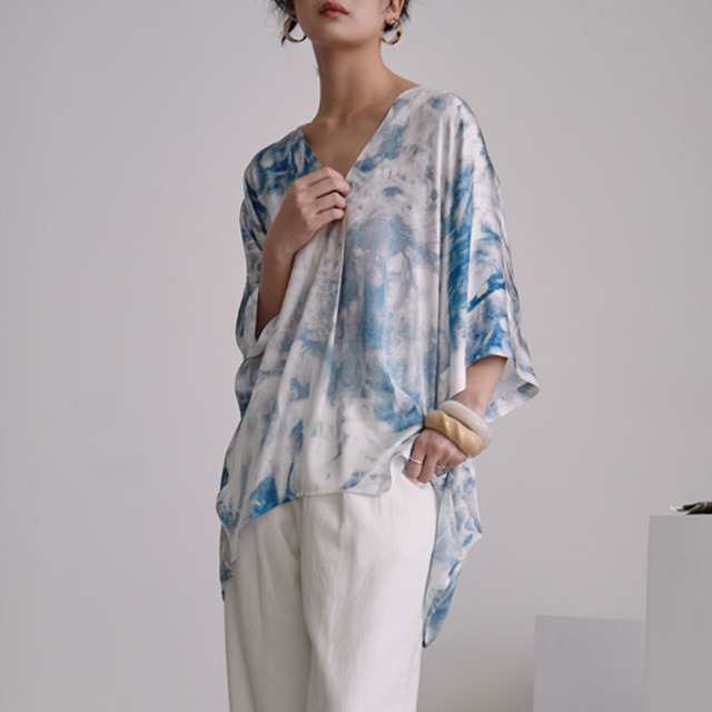 マーブルVネックブラウス　R541