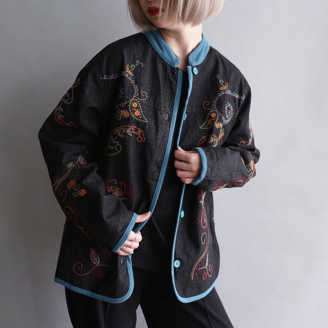 piping and embroidery art design black denim jacket