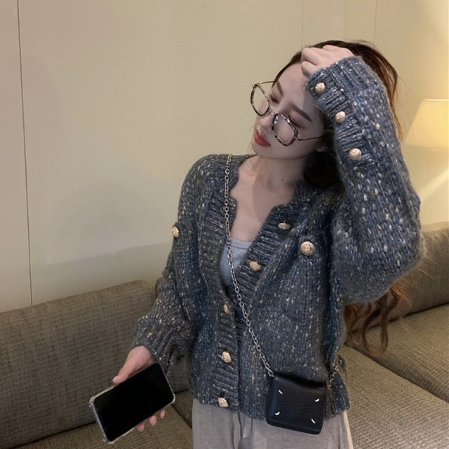 ボタン ニット カーディガン レディース マーブルニット 韓国 ファッション レディース ニットジャケット ショート丈 春 ニット トップス ゆったり オーバーサイズ ニットジャケット かわいい ふんわり 羽織り ニット Vestito