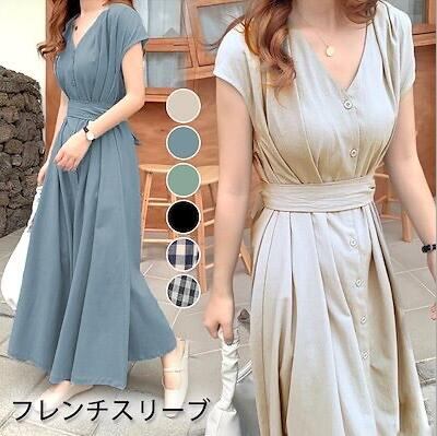 フレンチスリーブワンピース★大人レディな印象のタック入り★リネン風ワンピース