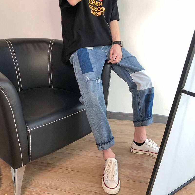 全1色 デニム パンツ ストレート カジュアル ダメージ