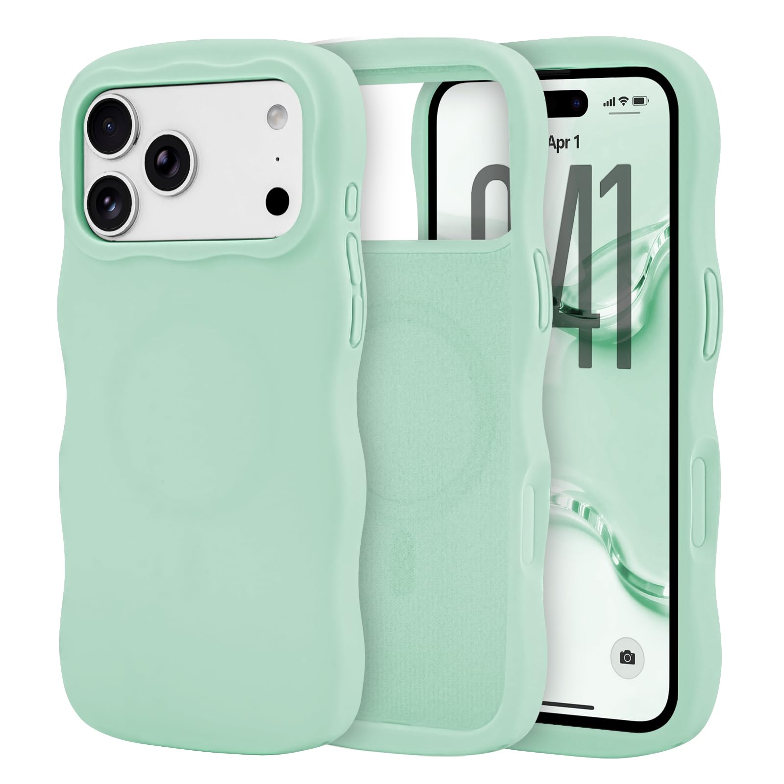 LCHULLE iPhone 18 Pro/17 Pro 用ケース MagSafe対応 ウェーブ かわいい 薄型 指紋防止 耐衝撃【ミントグリーン】