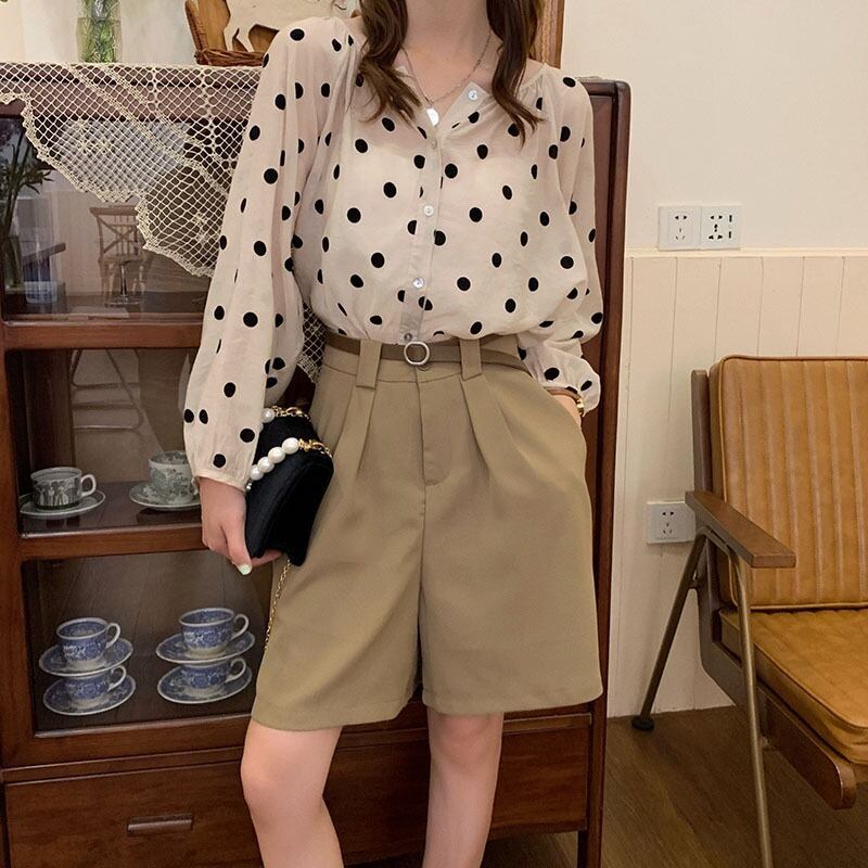 カジュアルサマーラウンドネックシャツ ワイドレッグショーツ 夏物 ブルマー Oネック ワイドパンツ 1号婦人26859252072