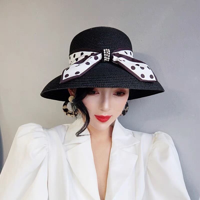 2カラー】帽子 女優帽 リボン 赤 白 黒 アクセサリー 麦わら帽子