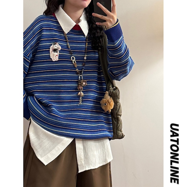 【UATONLINEシリーズ】★セーター★ 2color ニットトップス ユニセックス 横縞 縞模様 ブルー グリーン 青 緑 配色