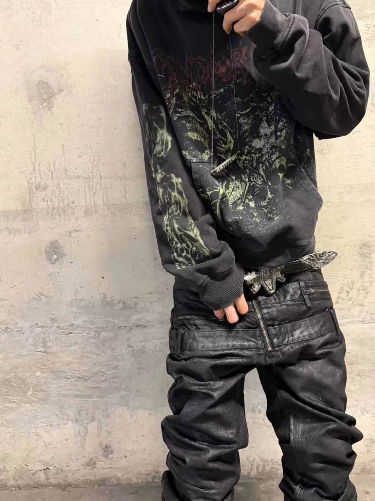 【CinderVein】Triple Waist Paneled Coated Denim Pants