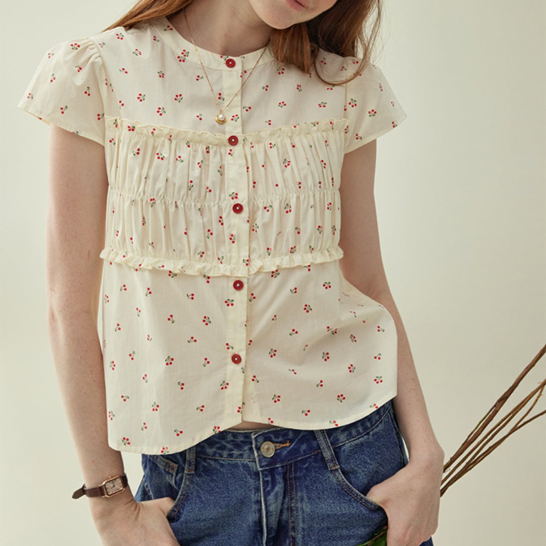 frill print short sleeve blouse