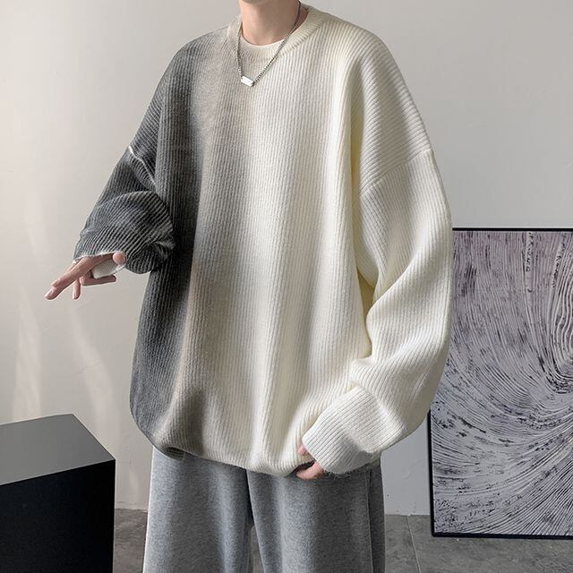 【予約販売】ニット グラデーション バイカラー オーバーサイズ メンズ シンプル イエロー ブルー ブラック セーター こなれ感 お洒落 韓国 トレンド 秋冬 M/L/XL