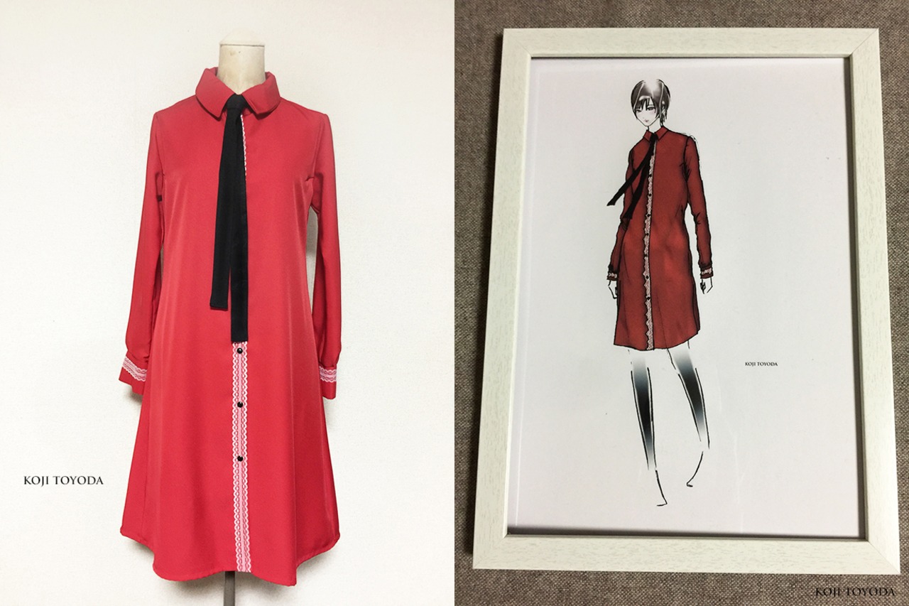 1点もの・デザイン画付き】タイ付きレッドロングシャツワンピース 