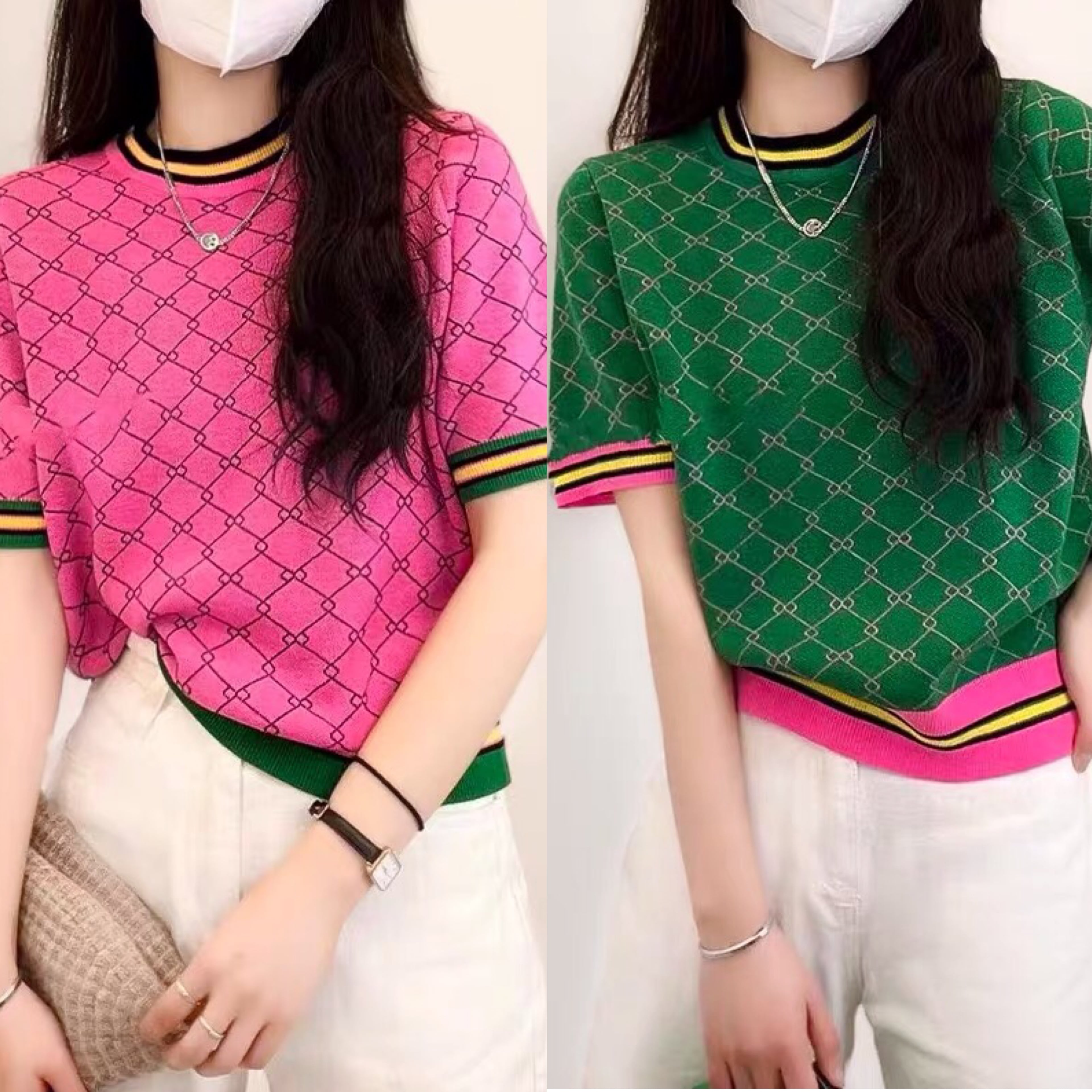 トップス ピンク 緑 チェック トップス ピンク Tシャツ トップス T