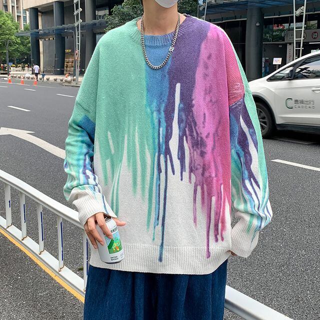 【予約販売】ニット オーバーサイズ クルーネック メンズ カラードロップ柄 パープル オレンジ セーター こなれ感 お洒落 韓国 トレンド 秋冬 M/L/XL/2XL