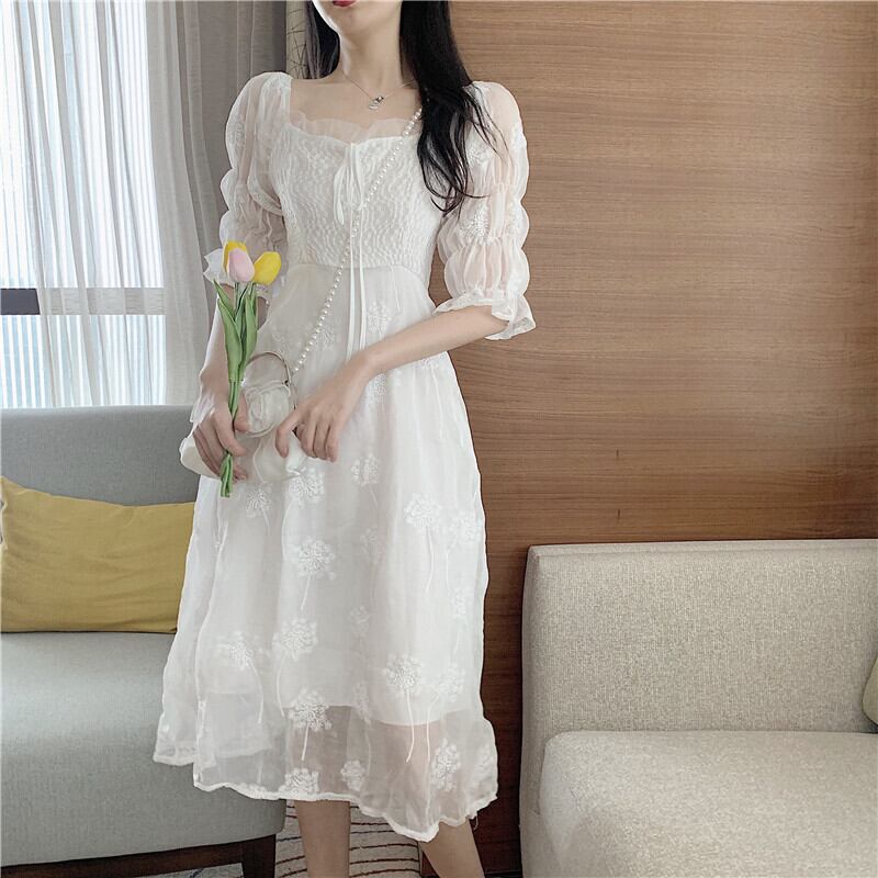 2020年夏新作スクエアカラーレース刺繡ウエストスリミング半袖フェアリードレスロングスカート 1号婦人96290401745