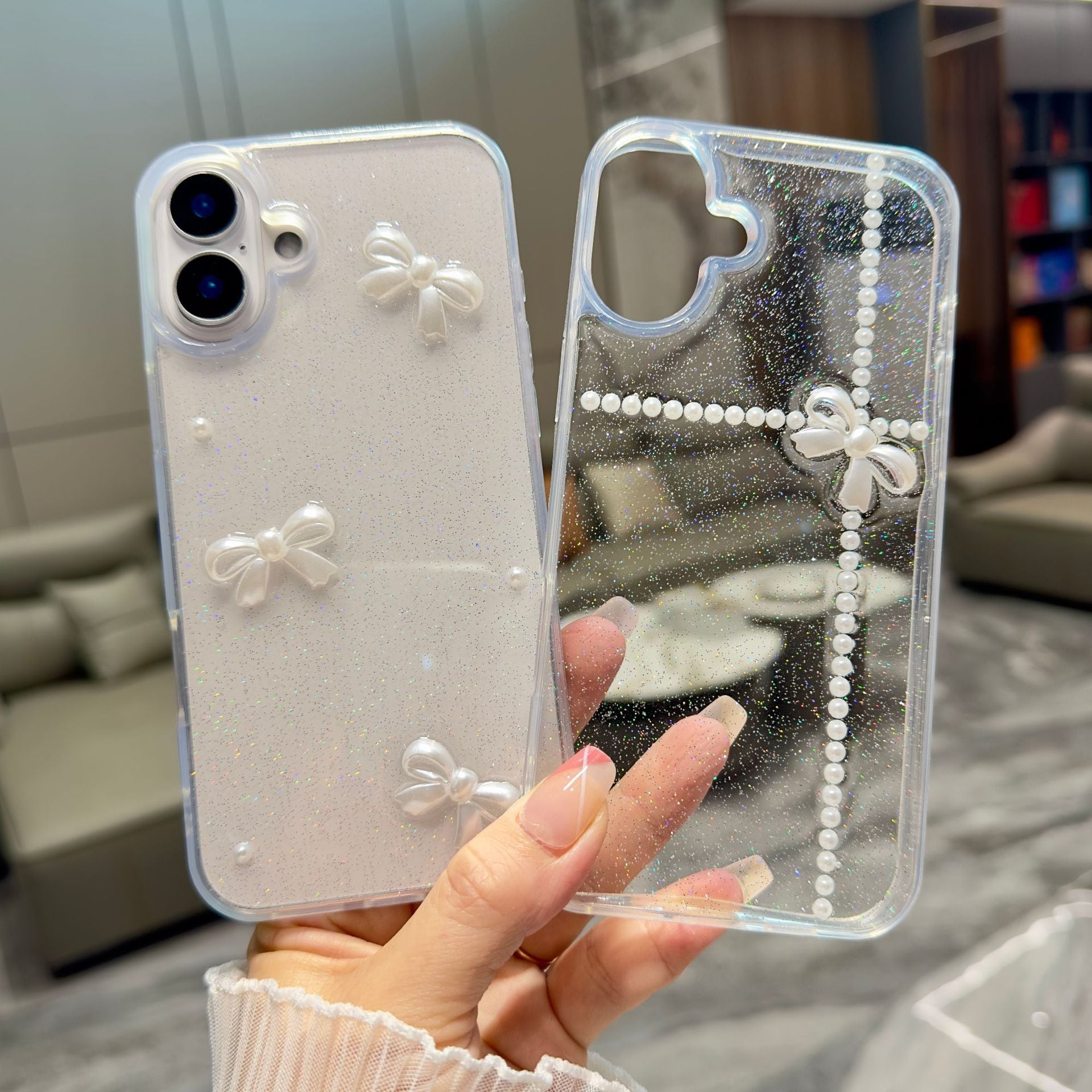 iPhone全機種対応】リボンが可愛い❤︎クリアケース パール リボン