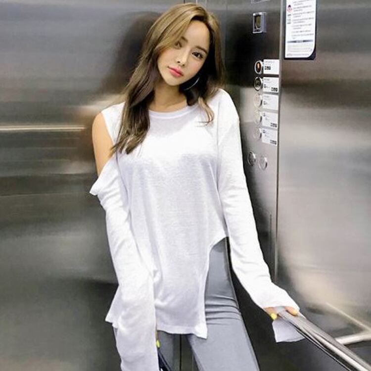 大人 セクシー ロングtシャツ レディース カットソー オフショルダー トップス カットショルダー ミディアム丈 長袖 ブラック ホワイト ピンク ラウンドネック 袖コンシャス スリム 変形 個性的 無地 スタイルアップ 透け感 Cute カジュアル ゆるカジ アクティブ おしゃれ