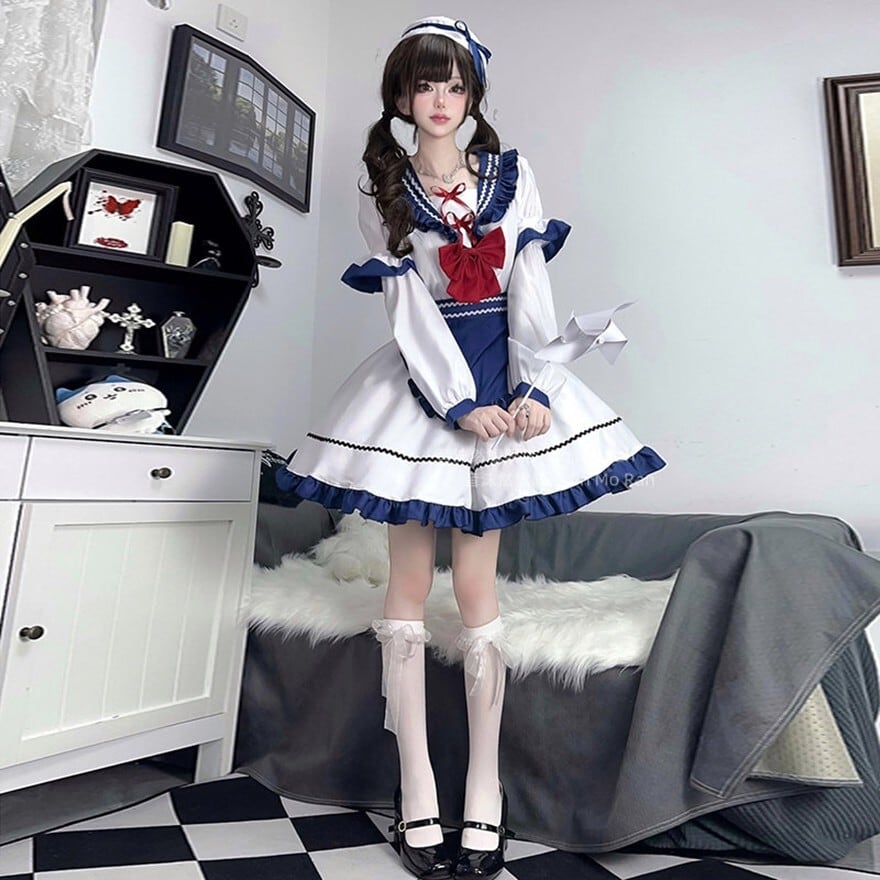 クラロリ セーラー メイド服｜マリンセーラー長袖ワンピース4点セット