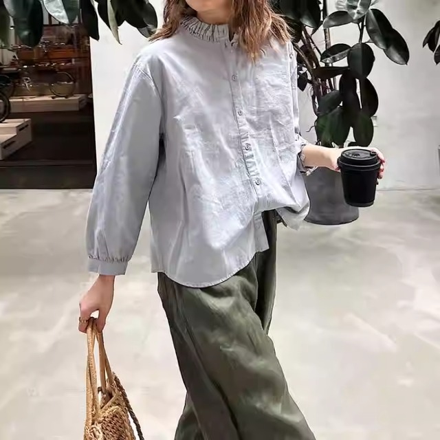 スタンドカラー フレンチスリーブシャツ 襟デザイン 2color  00256