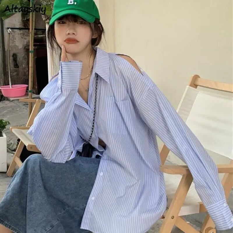 【新作】【送料無料】 シャツ女性ストライプラペルルーズオフショルダーオールマッチ中空アウト春デイリーファッション女性カジュアルシンプルな韓国スタイル居心地の良い 0364082643512