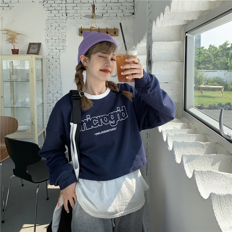 長袖プルオーバーセーター女性ルーズバージョン2020新しいレタープリントは薄く、オールマッチのクロップトップ クレセントシティ49660044510