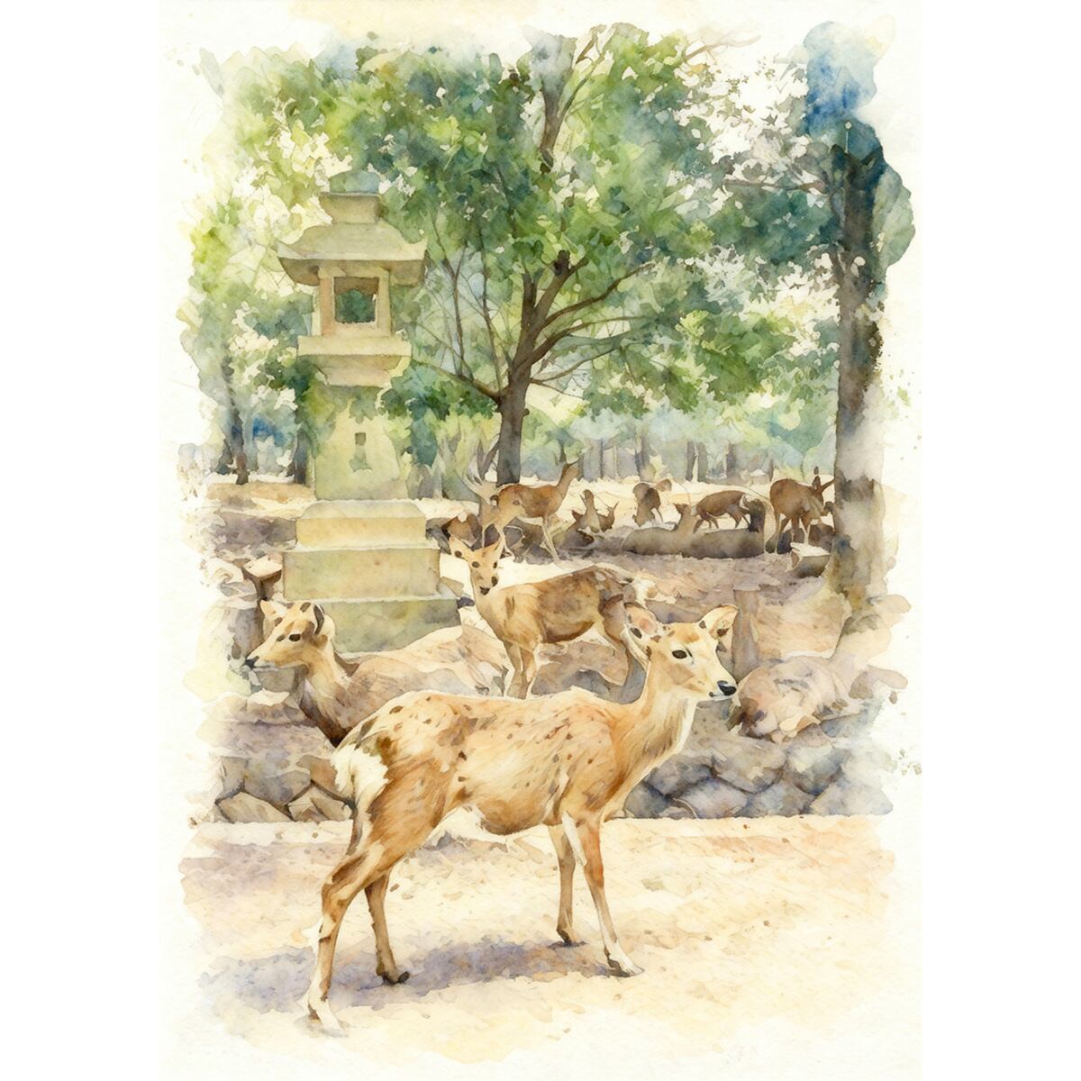 絵画 風景画 日本 奈良県 奈良公園のシカ インテリアアート額付き 水彩画風 WAT1723