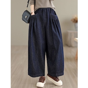 ELASTIC WAIST WIDE LEG CROPPED DENIM PANTS 1color M-14620