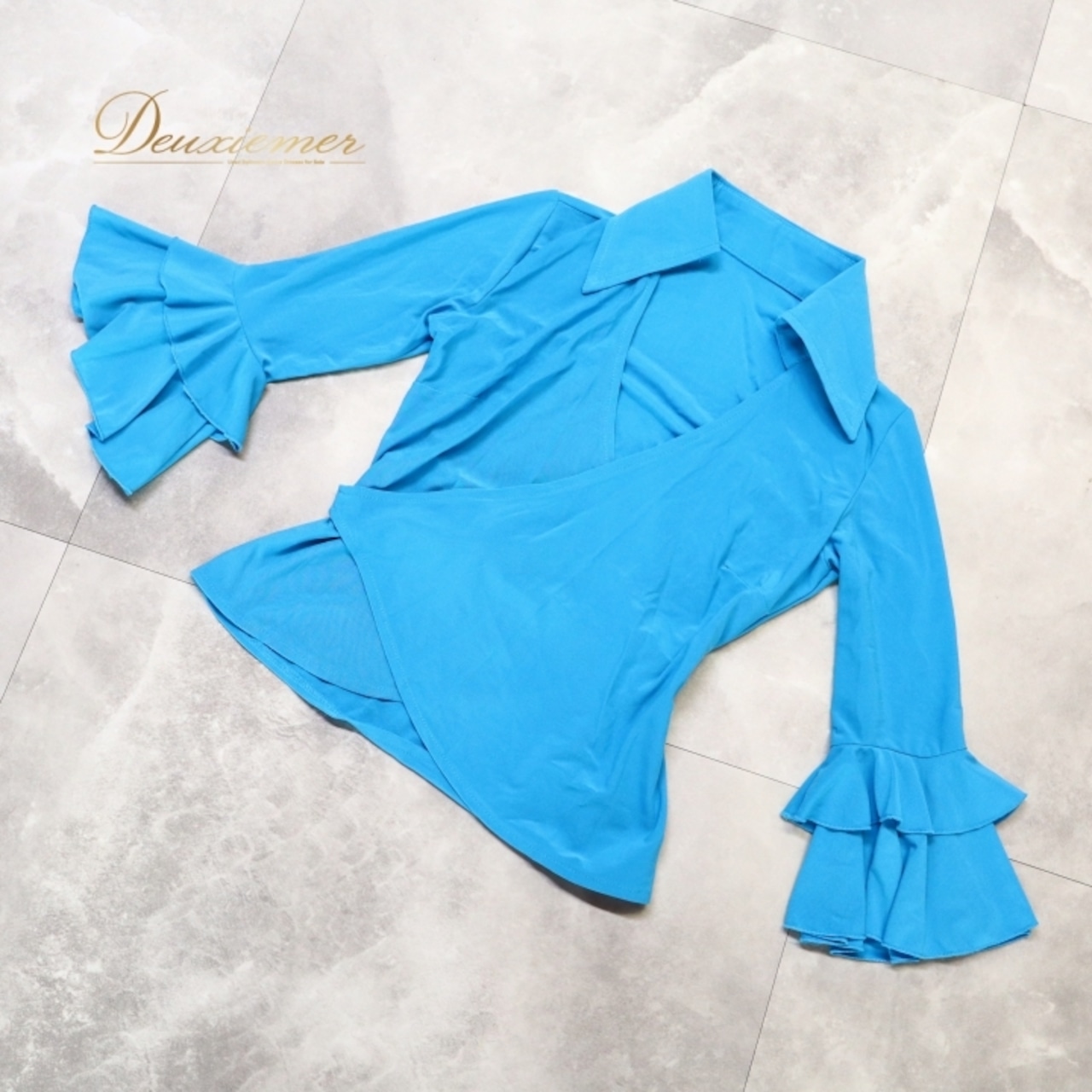 フラメンコ 衣装 トップス ブラウス ブルー系 イチオク 無地 シンプル 練習 レッスン 伸縮 ストレッチ 水色 ICHIOKU フリル ボランテ 長袖 鮮やか 華やか 襟 上品 かわいい イベント ステージ ダンス衣装