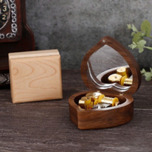 オルゴール ミラー付きオルゴール ハート型 装飾品 木製 ウォールナット メープル 誕生日 プレゼント 記念品 クリスマスプレゼント 贈り物