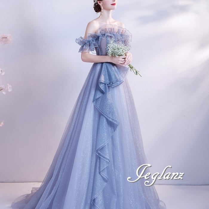 ウエディング カラードレス オフショル 編み上げ ビジュー ラメ 光沢感(M9018)π