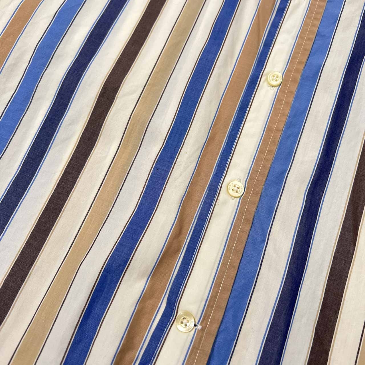 イタリア製 Henry Cotton's ヘンリーコットンズ ストライプ柄 BD 半袖シャツ サイズ 39 /メンズ/レナウン/ホワイト×ブルー×ブラウンベージュ系