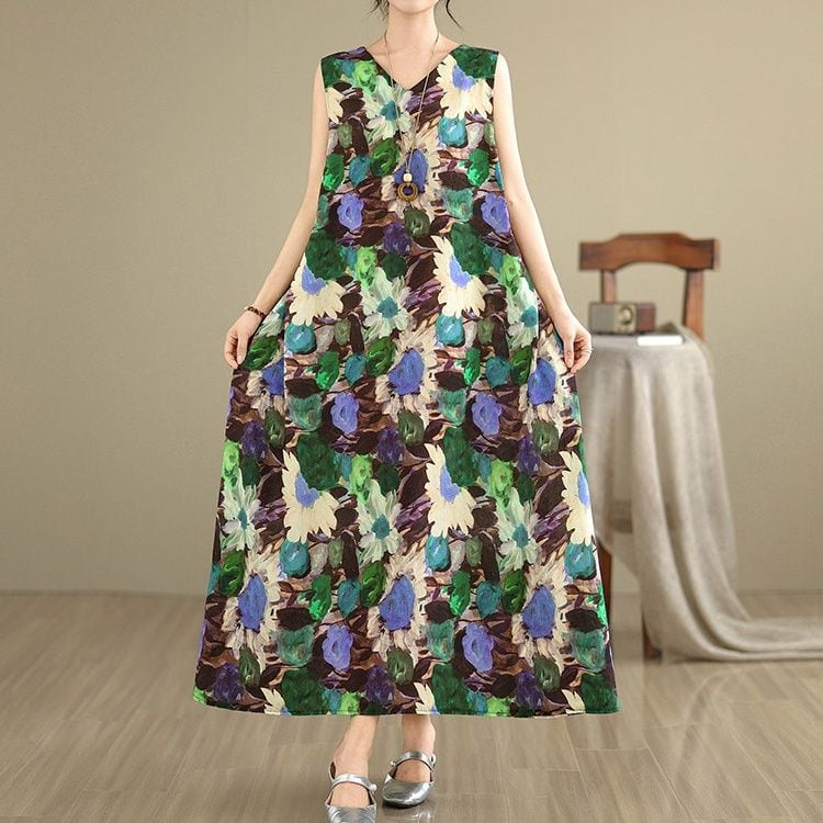 SLEEVELESS V-NECK TANK WAISTED LONG DRESS M-17968