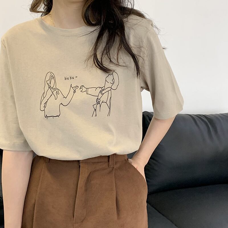 送料無料 お洒落イラスト シンプル 線画イラスト Tシャツ デザイン 可愛い トップス カジュアル Lamitte Deco トレンド 韓国ファッション ショップ Base店