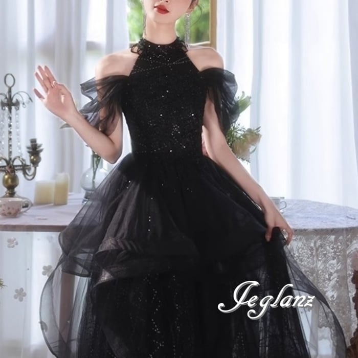 イブニングドレス ブラックドレス 編み上げ ラインストーン 光沢感(MB515)ζ☆