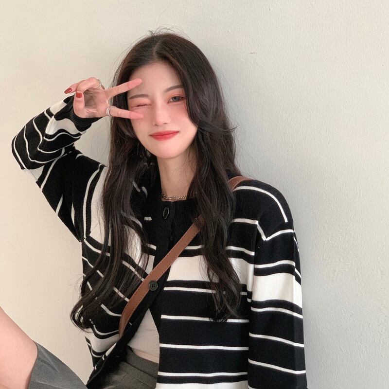 ニットセーター レディースルーズストライプトップス スプリングスタイルカーディガンジャケット 春物 ブラックストロベリース42602755625