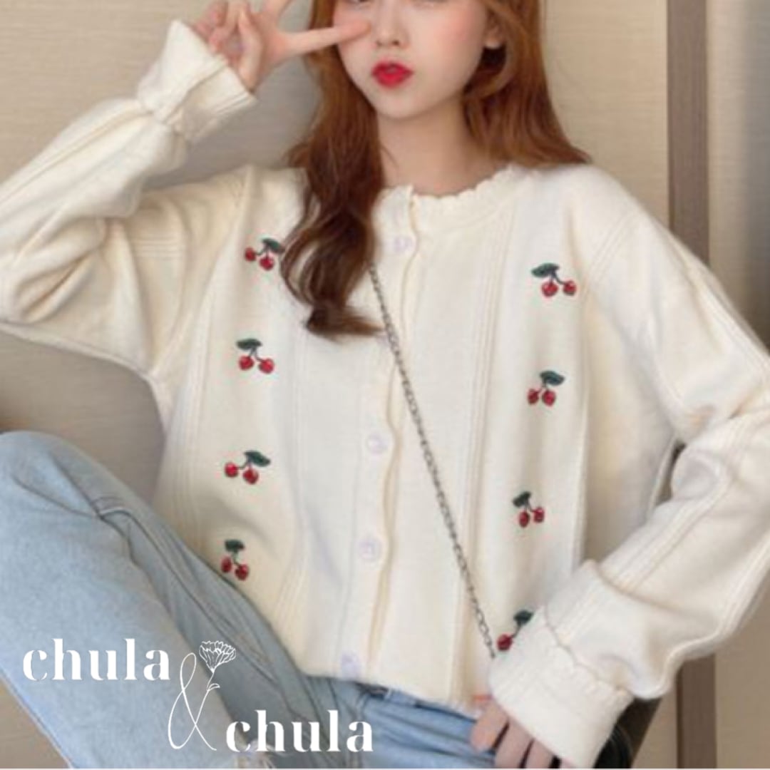 大きいサイズ レディース韓国ファッション ニット カーディガン ゆったり チェリー 刺繍 大人可愛い 無地 長袖 Ch0351 可愛い 大きいサイズ韓国レディースファッション通販 Chulachula チュラチュラ