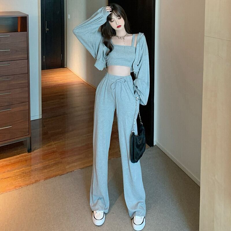 オータムルーズフード長袖スリーブカーディガンレディースウェストバンドワイドレッグパンツ ロング 秋物 ワイドパンツ ガールズファッション65166280273