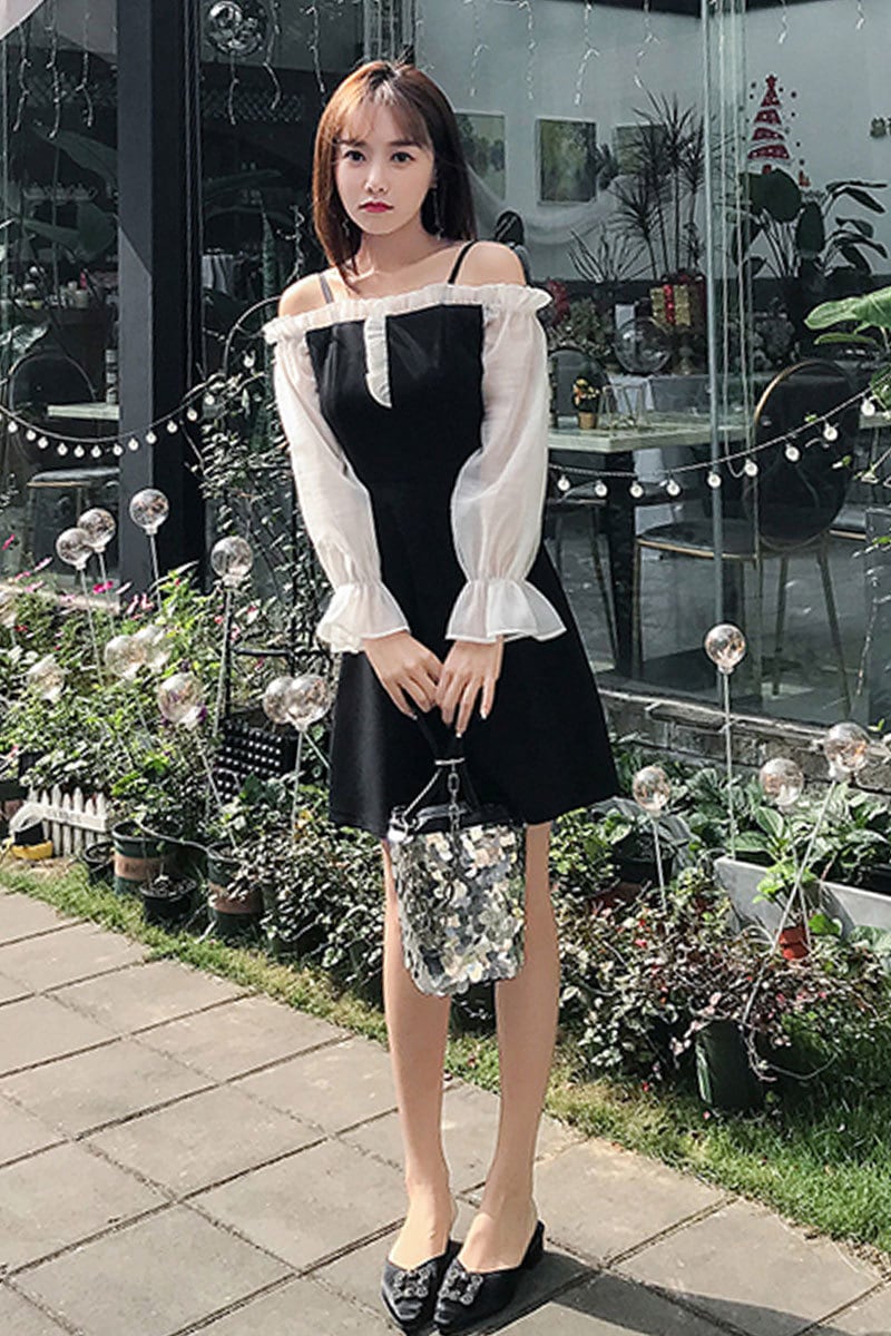 ミニ丈ワンピース 韓国オフショルダー 春のお出かけデート ワンピース ショート ミニ丈 五分袖 韓国 韓国ファッション