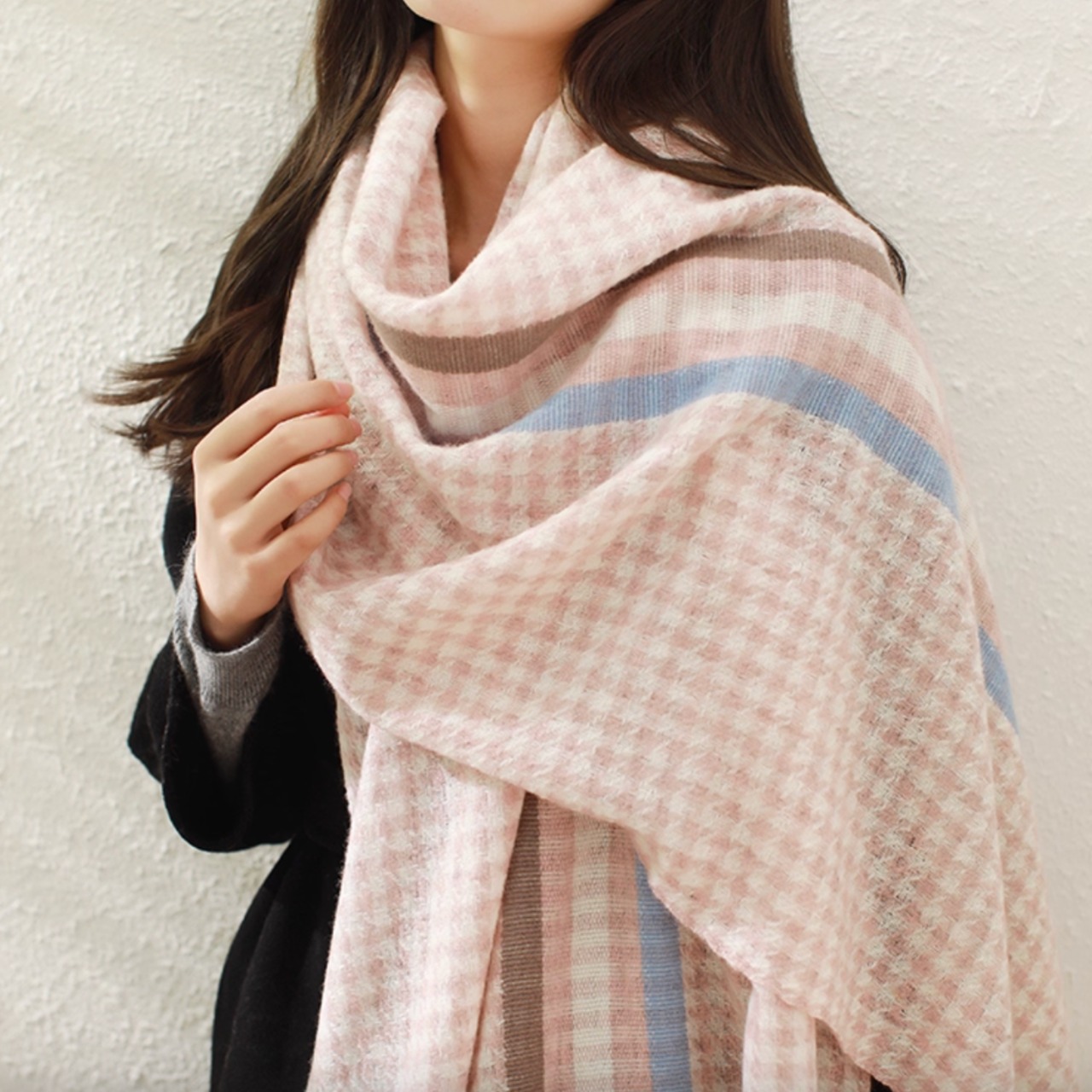 千鳥格子柄 ウール混紡 フリンジ付き マフラー 00039・画像7