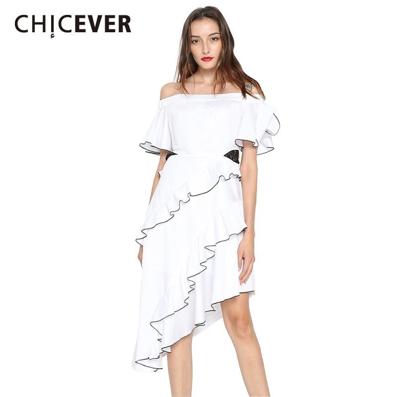 CHICEVERアシンメトリーフリルサマードレス女性オフショルダーセクシーレースパッチワークパーティードレス2020プラスサイズ ラッフル 大きめサイズ 夏物 6base589048452430