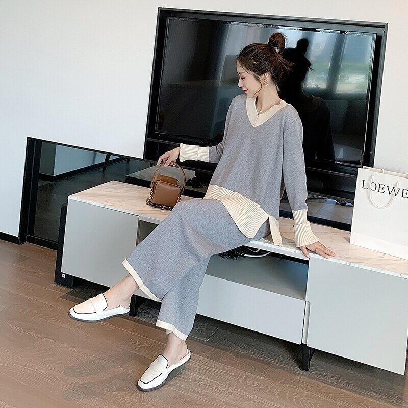 【新作】【送料無料】 258＃秋冬ニットマタニティセーター+ワイドレッグパンツセットルーズスーツ妊婦 オータム 秋物 ウィンター 冬物 ワイドパンツ AL expec466640948982