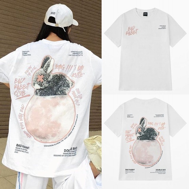 ユニセックス Tシャツ 半袖 BADRABBIT うさぎ プリント オーバーサイズ ルーズ カジュアル 韓国ファッション メンズ レディース ストリート系ファッション TBN-643342164117