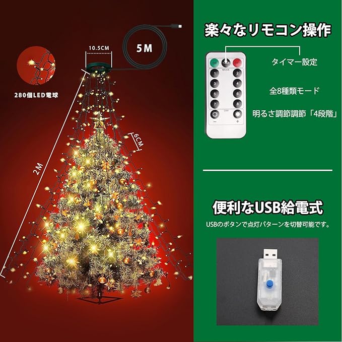 CHMKSTC LED イルミネーションライト クリスマスツリー飾りライト 2M*8